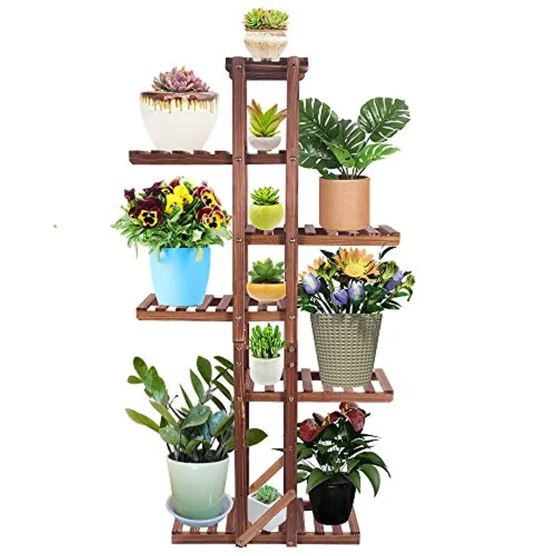 Rossny 6-Tier Vertical Wood Plant Ladder – Space-Saving Indoor/Outdoor Flower Shelf Rack With 7 Pot Slots For Balcony Or Yard 1