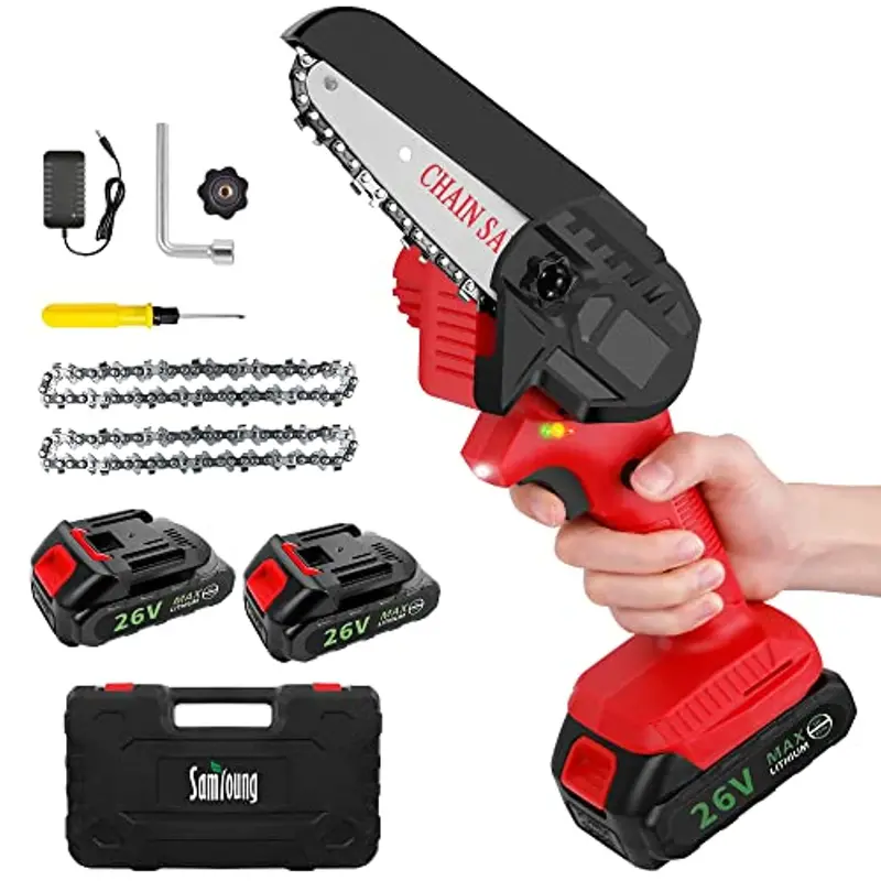 Samyoung 4-Inch Cordless Mini Chainsaw – 26V Rechargeable Handheld Tool With Led Indicator For Precision Branch Trimming 1