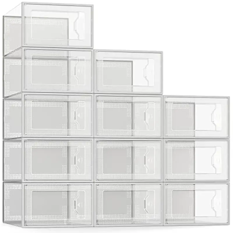 Shoze 12-Pack Clear Stackable Shoe Storage Boxes – Foldable, Space-Saving Closet Organizers With Transparent Design (Grey) 1