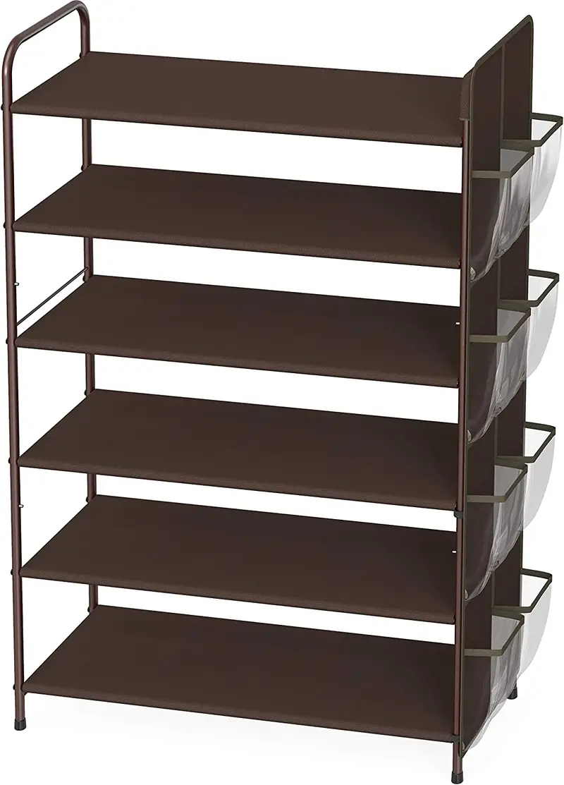 Shoze 6-Tier Grey Shoe Rack With Side Hanging Bag – Compact Floor-Standing Storage Organizer For Entryways And Closets 1