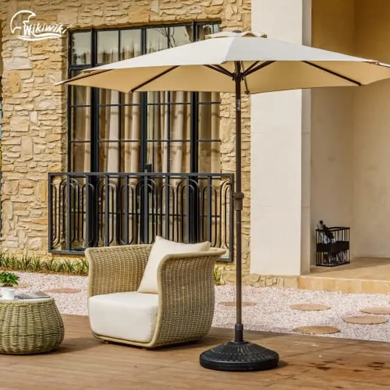 Wikiwiki 9-Foot Crank-Operated Patio Umbrella – Beige Outdoor Market Umbrella With Push-Button Tilt Mechanism 1