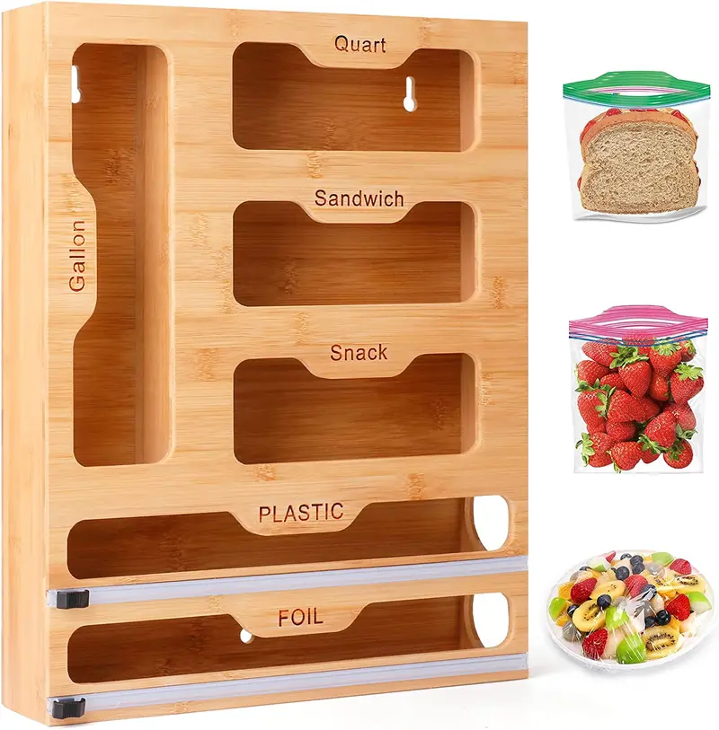 Wimwam 2-In-1 Bamboo Kitchen Organizer – Combines Wrap Dispenser (With Cutter & Labels) And Ziplock Bag Holder – Foil, Plastic Wrap & Baggie Storage In One Unit 1